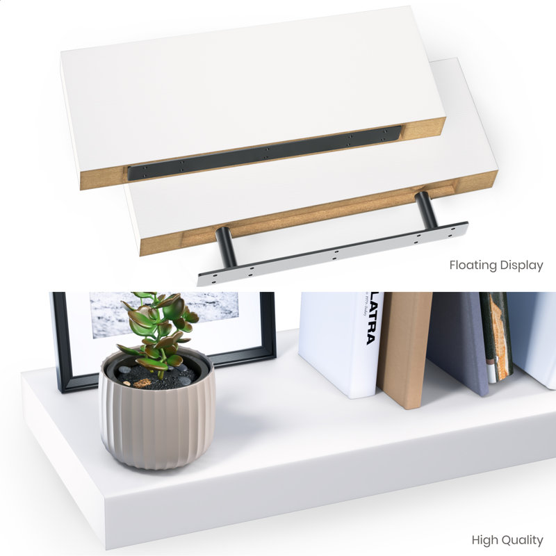 White Veneered 16" Floating Wall Shelves with Invisible Brackets, 2-Pack