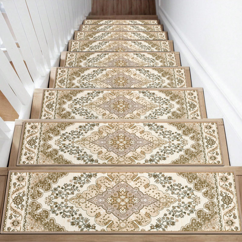 Non-Slip Stair Treads with Tape Colorful Chenille Stair Runner (Set of 15) — Brown/Beige