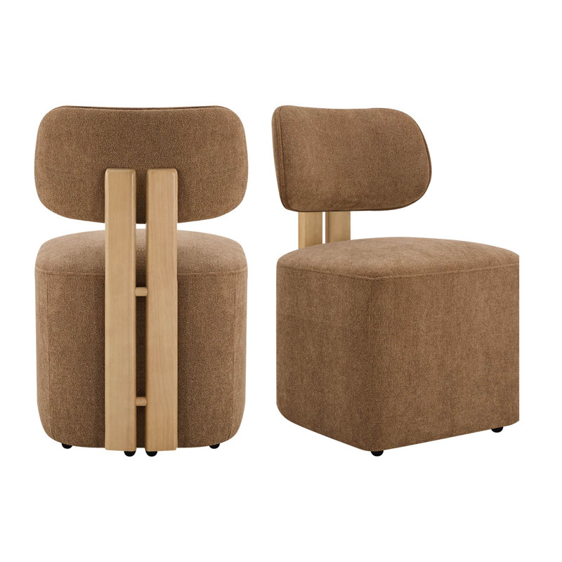 Chaises de salle à manger rembourrées modernes Kallan avec structure en bois massif et roulettes, Chameau d'élite