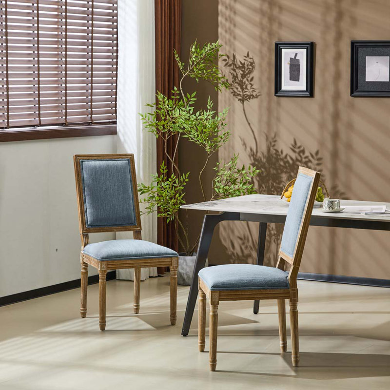 Solid Rubberwood Frame Upholstered Dining Chairs, Slate Blue, Natural