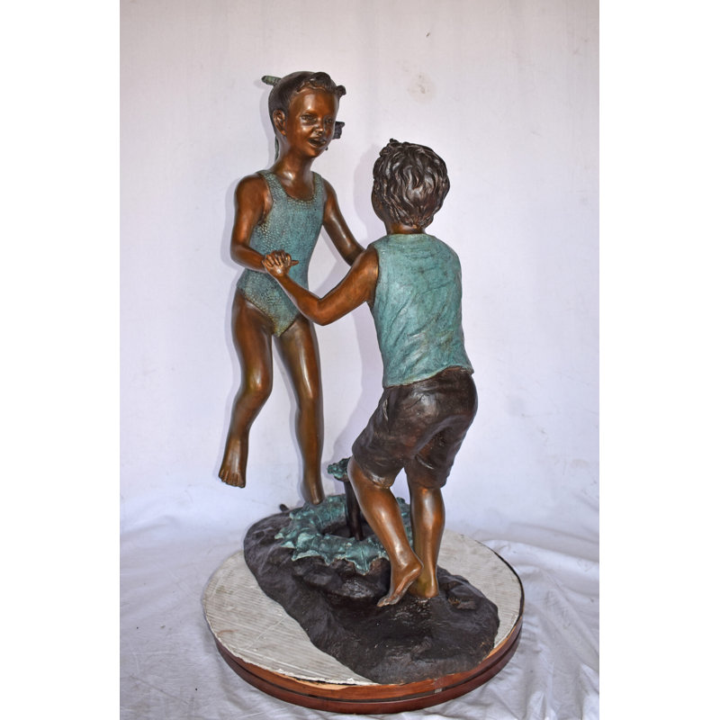 Young Boy And Girl Dancing Around Fountain Bronze Statue-Size 28" X 13" X 38"H