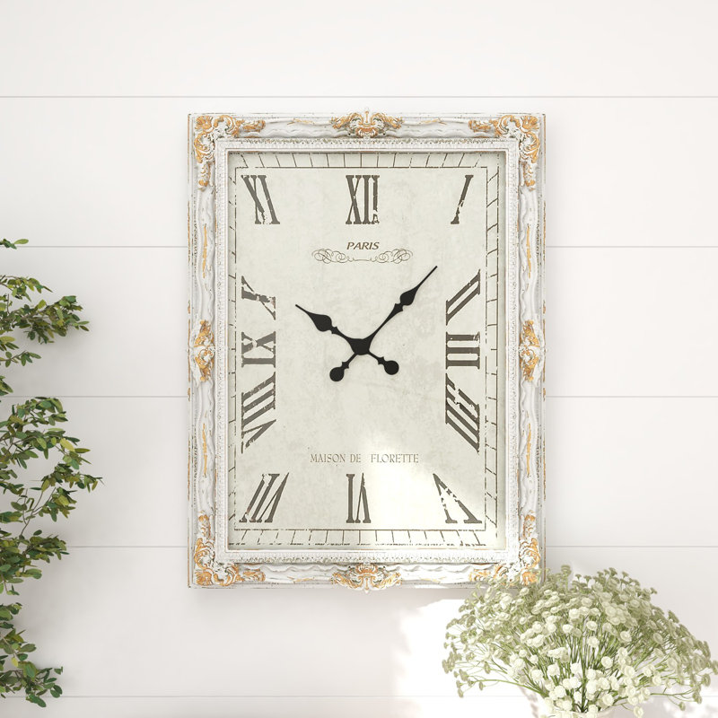 Mulford Wooden Carved Acanthus Floral Decorative White Wall Clock with Distressing