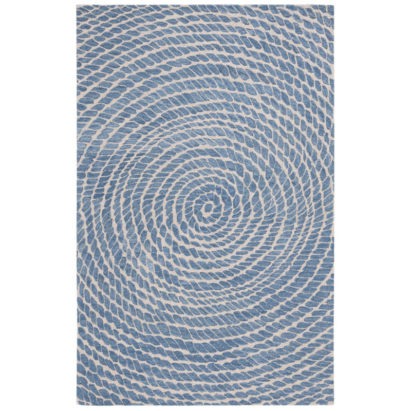 Tapis abstrait en laine / coton touffeté à la main ébène en bleu / ivoire, Carré 6 pi