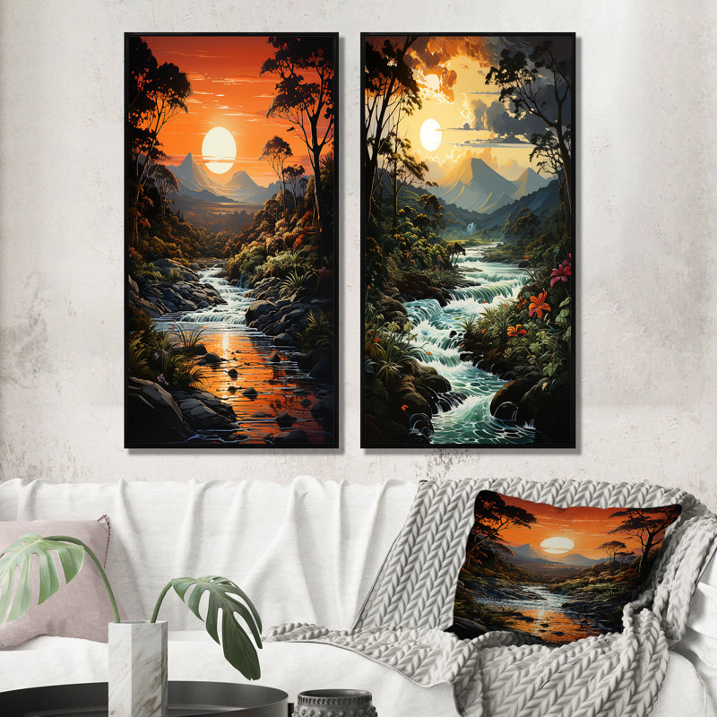 «Rivermountain Sunset Jungle Jubilation», 2 pièces, Cadre noir, H 32 po x l 32 po