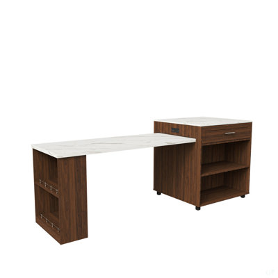 80-Inch Expandable Kitchen Island With Dining Table, Marble-Grain Countertop With Power Outlet, Mobile Storage Cart With Cabinet & 2 Drawers, Walnut Finish Kitchen Prep Table