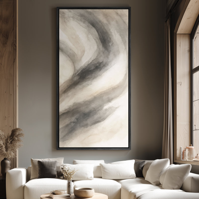 Large Framed Canvas Wall Art - Abstract Tan Gray Prints - 60"x20", 60"x30", 60" H x 30" W, Black
