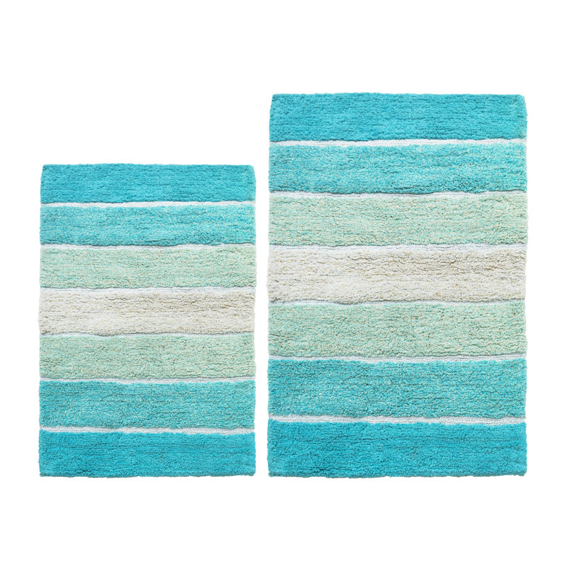 Cervantes 100% Cotton Non-Slip Bath Rug, Aqua/Turquoise, 21''x34''/17''x24''