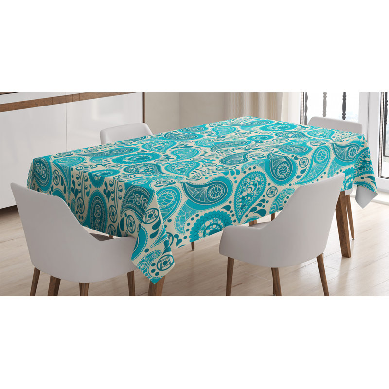 Turquoise Tablecloth, Paisley Pattern Antique Floral Pattern Ornaments Classical Middle Eastern, Rectangular Table Cover For Dining Room Kitchen Decor, 52" X 70", Aqua Teal