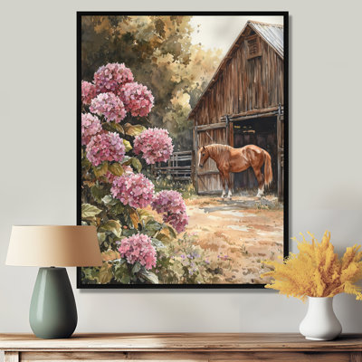Durang, hortensias et chevaux par la grange II - hydrangées, art mural