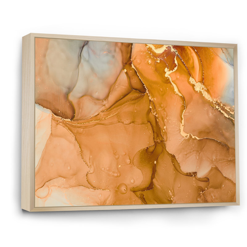 «Brown Luxury Abstract Fluid III», peinture sur toile, Cadre flottant érable, H 16 po x l 32 po x P 1 po