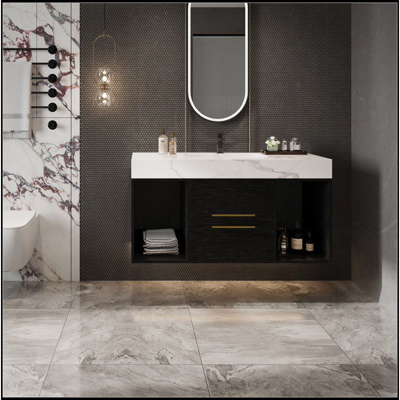 39.4"Floating Bathroom Vanities With Ceramic Sink And 2 Drawers, Black