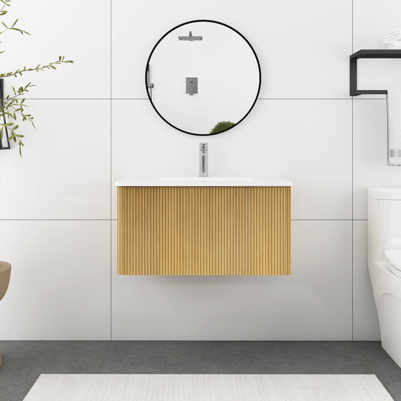 Ensemble de meuble-lavabo simple 30 po avec plateau en céramique Jalmari, Blanc/chêne