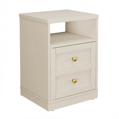 Modern 15.7 Inch Beige Wood Nightstand with Single Door Cabinet and Open Shelf, Faux 2-Drawer Side Table