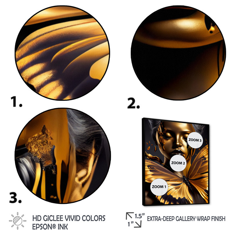 «Woman with Black and Gold Butterflies V», impression sur toile, H 44 po x l 34 po x P 1,5 po, Cadre flottant noir