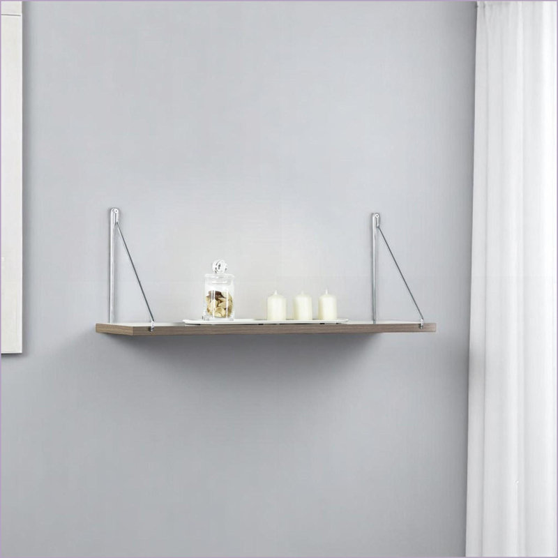 Wall Shelf, Modern Minimalist Single Solid Wood Shelf with Chrome Brackets, Wall Mounted | White | Solid Wood