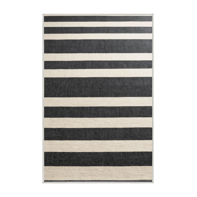 Tapis beige à rayures horizontales lavable à la machine