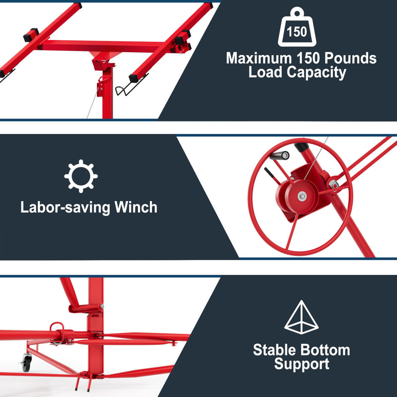 16 Ft Heavy Duty Drywall Lift, 150 LBS Rolling Sheetrock Hoist 360° Telescopic Arm & Lockable Wheels, Red, Red