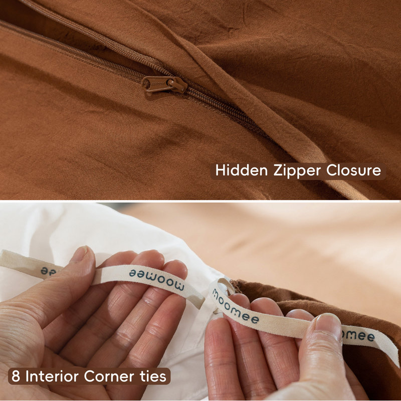 MooMee Lightweight Duvet Cover Set with Zipper Closure 8 Ties 100% Washed Cotton Linen Like Textured Soft Breathable All-Season