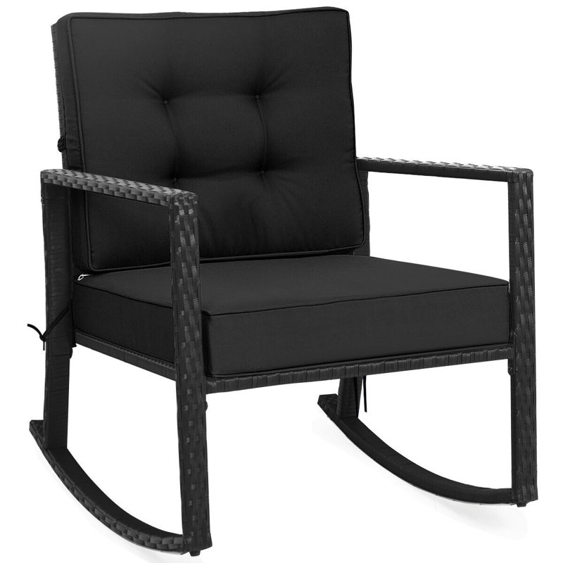 Shawen Wicker Outdoor Rocker Chair with Cushions, Black