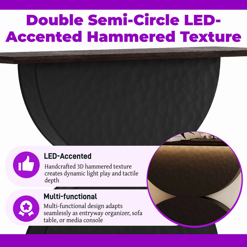 Console Table - Double Semi-Circle LED-Accented Hammered Texture Solid Wood