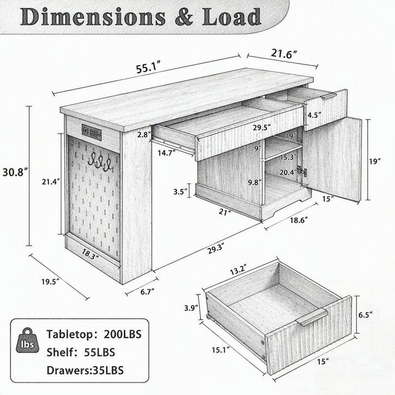 Bureau cannelé moderne avec armoire de rangement et tiroirs, bureau d'écriture pour ordinateur avec prise de courant, panneau perforé, tablettes intégrées et plateau à clavier pour bureau, salon, bureau à domicile