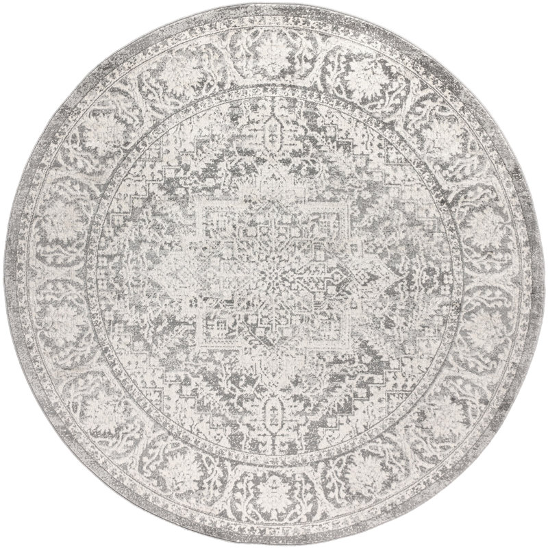 Tapis moderne gris clair avec médaillon perse rétro Blane, Rond 7 pi 9 po
