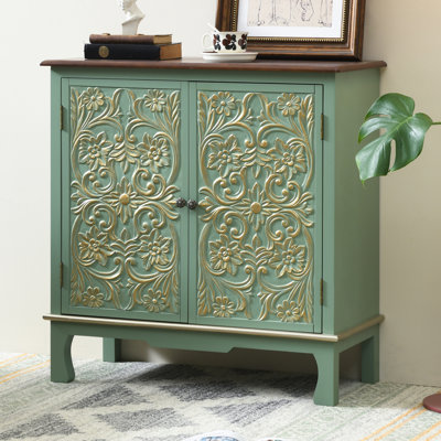 Folger 33" Tall Farmhouse Green Wood Accent Cabinet,Resin,Gold-Accented Sage with Handcrafted 2 Doors