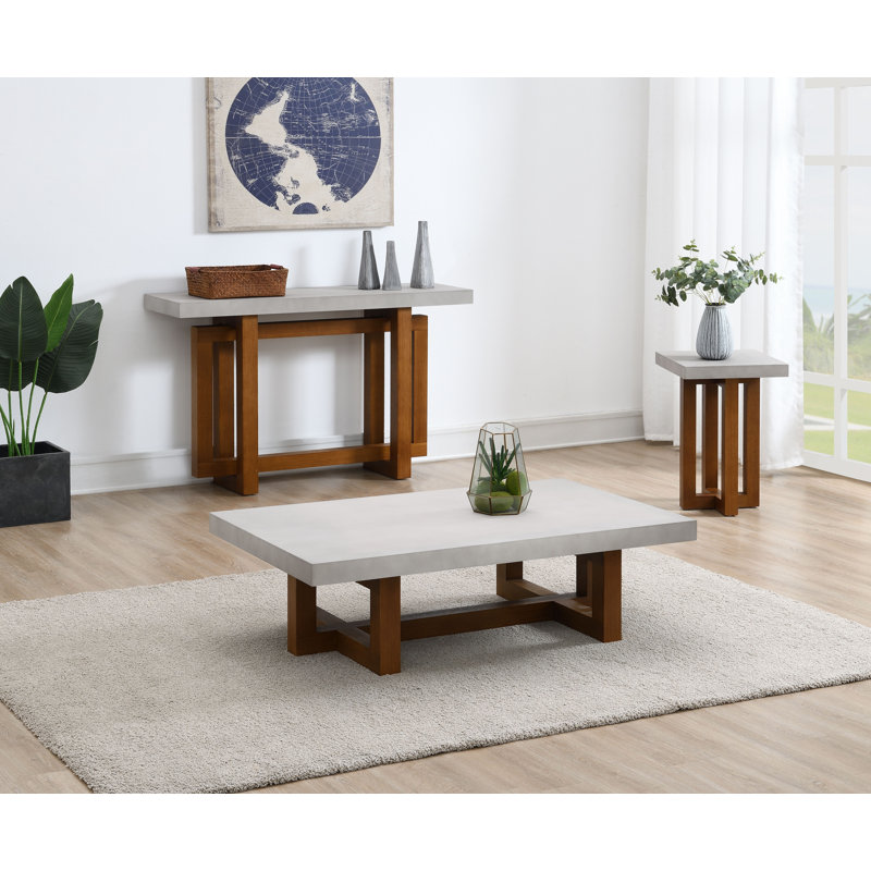 Table de canapé Randall avec plateau en faux béton et base en bois