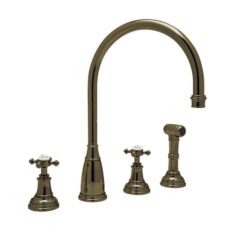 Georgian Era Two Handle Kitchen Faucet With Side Spray, English Bronze, Cross