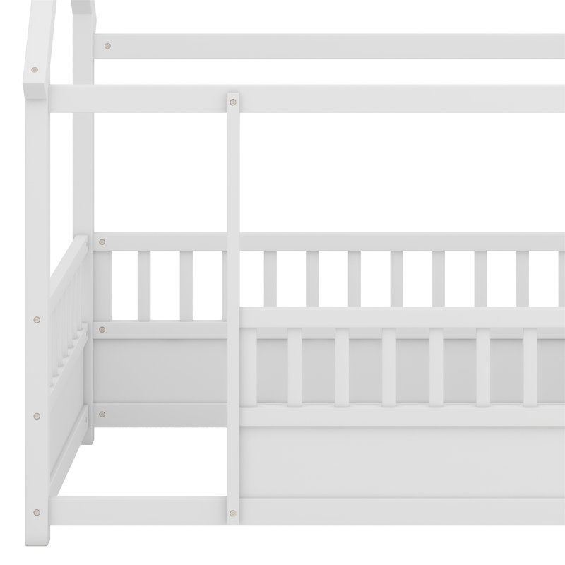 Lit de plancher en bois avec cadre de toit de maison, garde-corps de clôture, Blanc