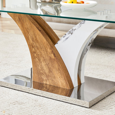 Table basse rectangulaire. Comptoir en verre trempé et pieds en panneau de fibres à densité moyenne artistiques, parfaits pour accueillir des dîners
