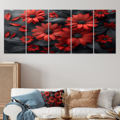 Monochrome Red And Black Daisies Photo I - Daisies Wall Decor Set