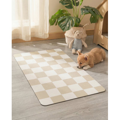 Retro Khaki Beige Checkerboard Absorbent Dog Feeding Mat 12"x19", Quick-Dry Pet Placemat for Food & Water Bowls, Aesthetic Pet Accessories