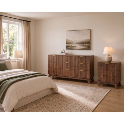 Ensemble de chambre à coucher cannelé 2 pièces, commode à 9 tiroirs l 57 po et table de chevet à 3 tiroirs l 23,6 po avec poignées en métal, tiroirs de rangement