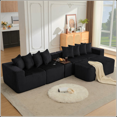 Canapé en U de 137,5 po, charge USB et sans fil, table basse avec porte-gobelet, canapé modulaire surdimensionné et mobile, repose-pieds mobile, sans assemblage, 6 sièges, velours côtelé