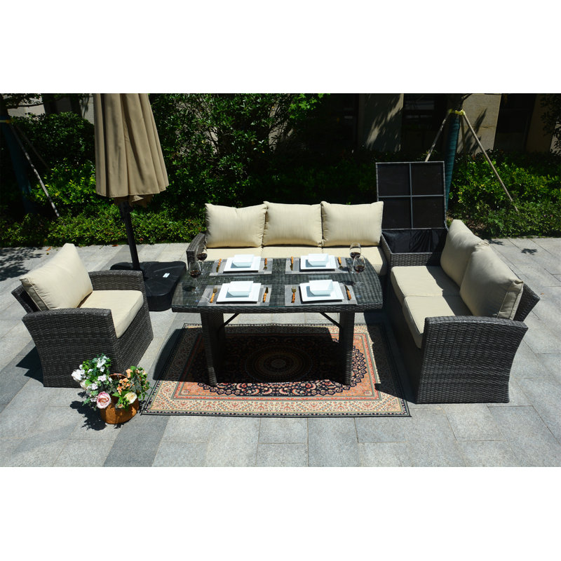Ensemble de conversation en osier / rotin pour 6 personnes avec coussins Osquel