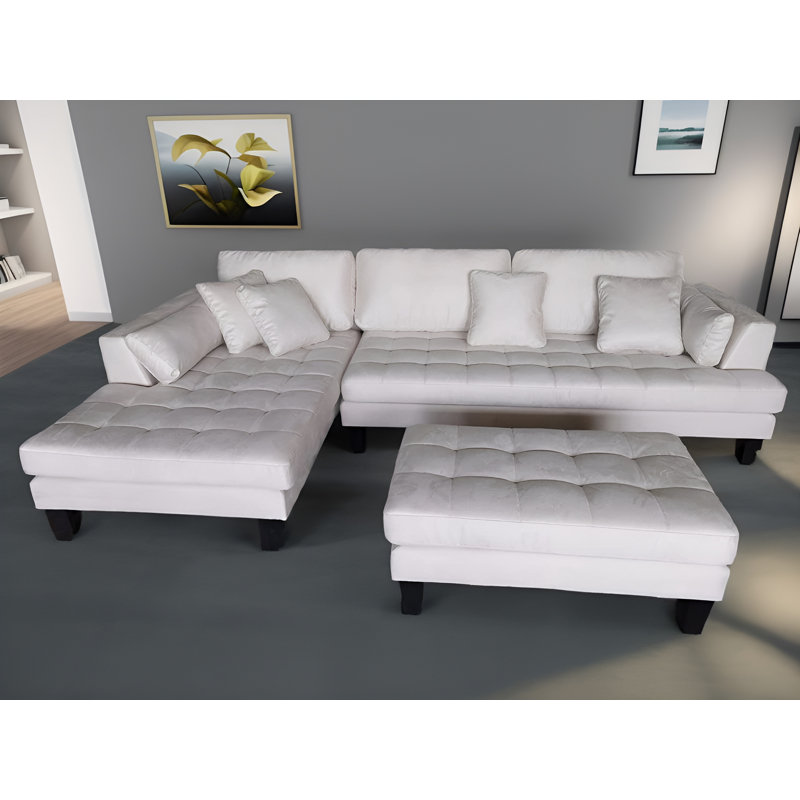 Canapé modulaire en microfibre avec repose-pieds Pritesh, Accoudoir à gauche (vu de face), Microfibre / microsuède blanc
