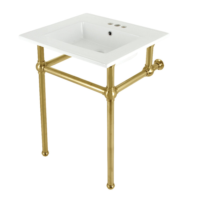 Kingston Brass Templeton 25-Inch Ceramic Console Sink with Brass Legs, White/Brushed Brass, 8" Centers