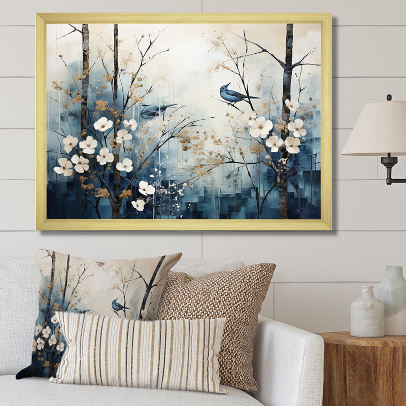 «Blue and White Forest Winter Harmony I», art mural sur toile, H 16 po x l 32 po x P 1 po, Cadre doré simple