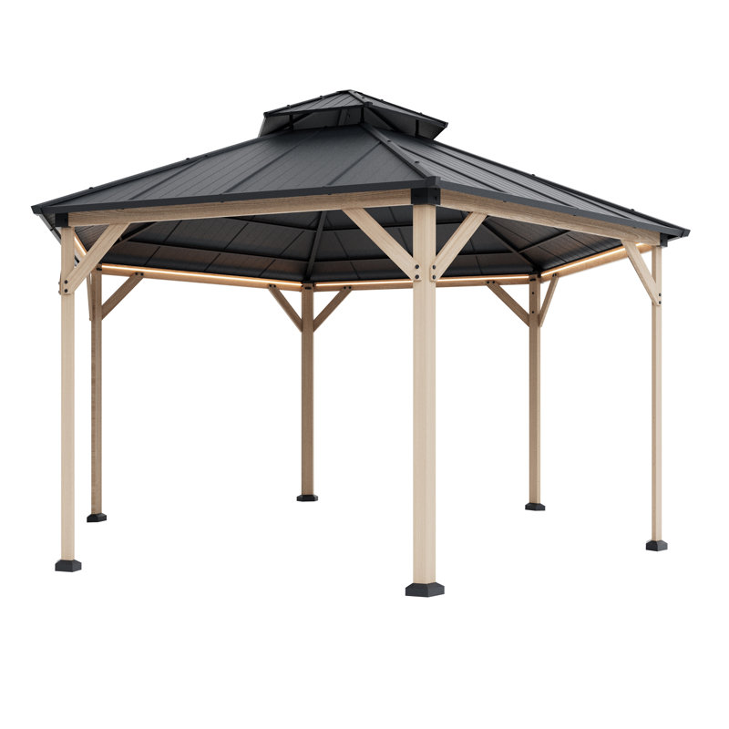 15Ft Hexagon Fir Wood Gazebo With Solar LED Light