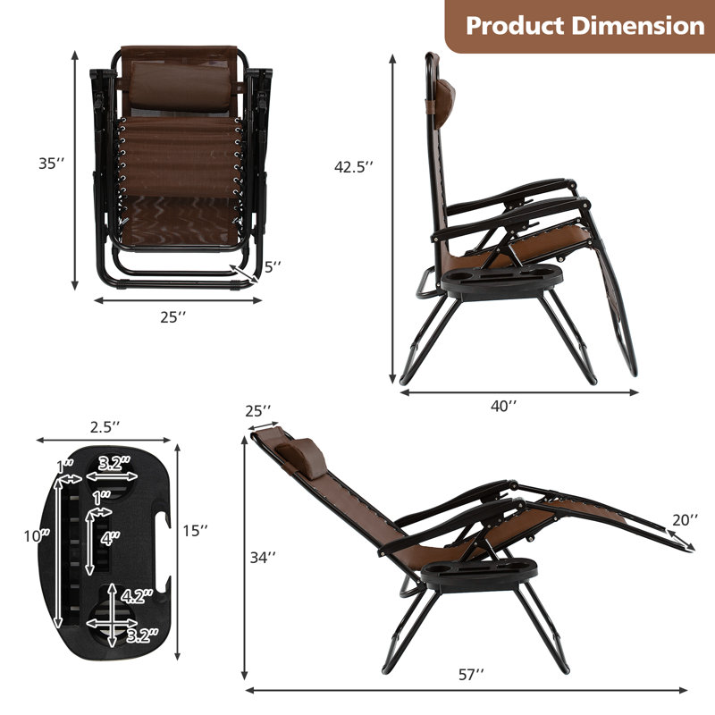 Chaise de patio pliante avec coussins Zechariah, Brun
