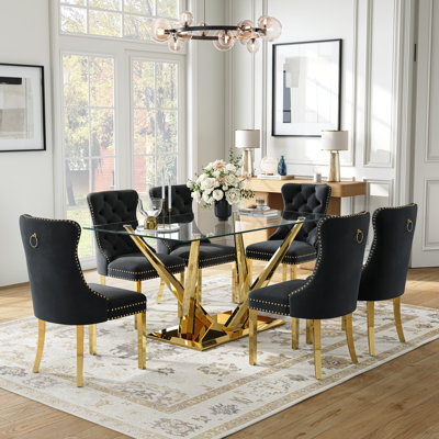 Ralph Modern Glass Dining Table Set, 63" Rectangular Tempered Glass Top With Stainless Steel Cross-Leg Base And Velvet Tufted Nailhead Chairs