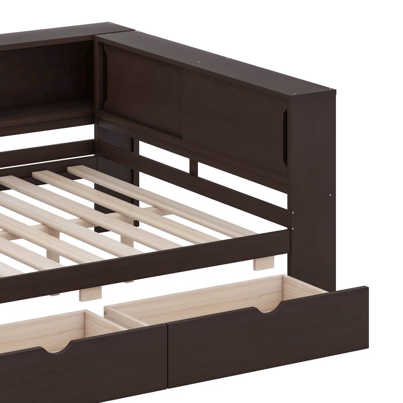 Grand lit d'angle avec tiroirs de rangement, bibliothèque, lit de jour en forme de L avec lumières DEL et ports USB, structure de lit de jour en bois avec tête de lit bibliothèque