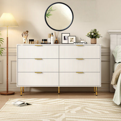 Commode 6 tiroirs de 56 po blanche pour chambre à coucher, commode en bois moderne