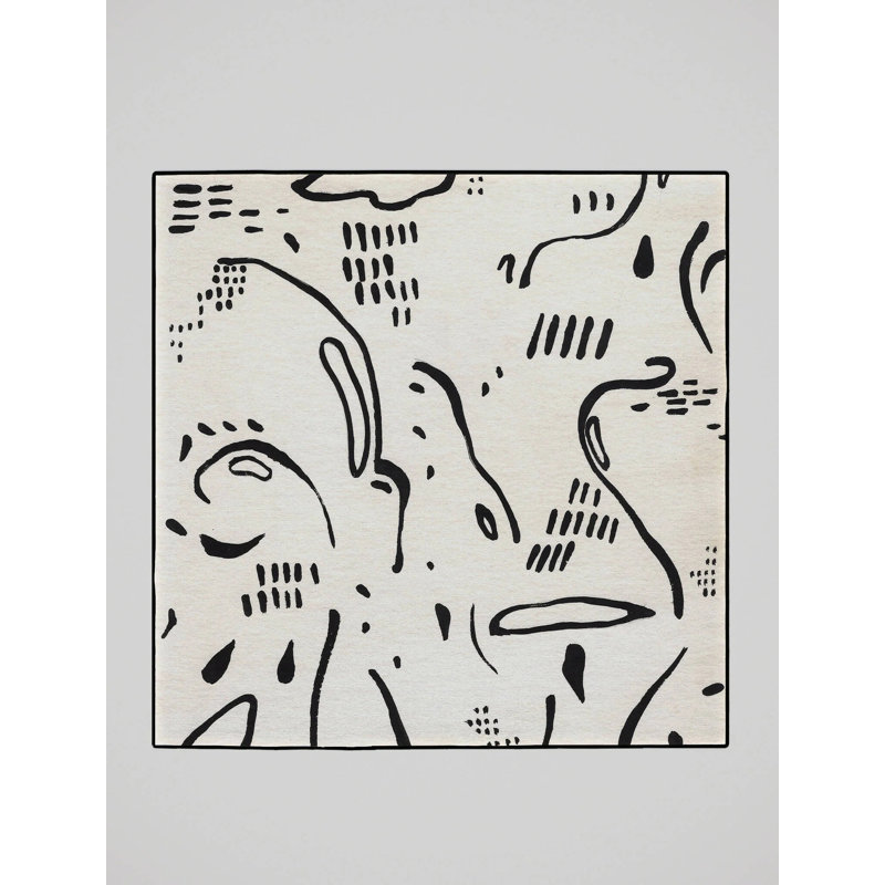 Tapis beige / noir en polyester tissé à la machine Yeun, Carré 8 pi