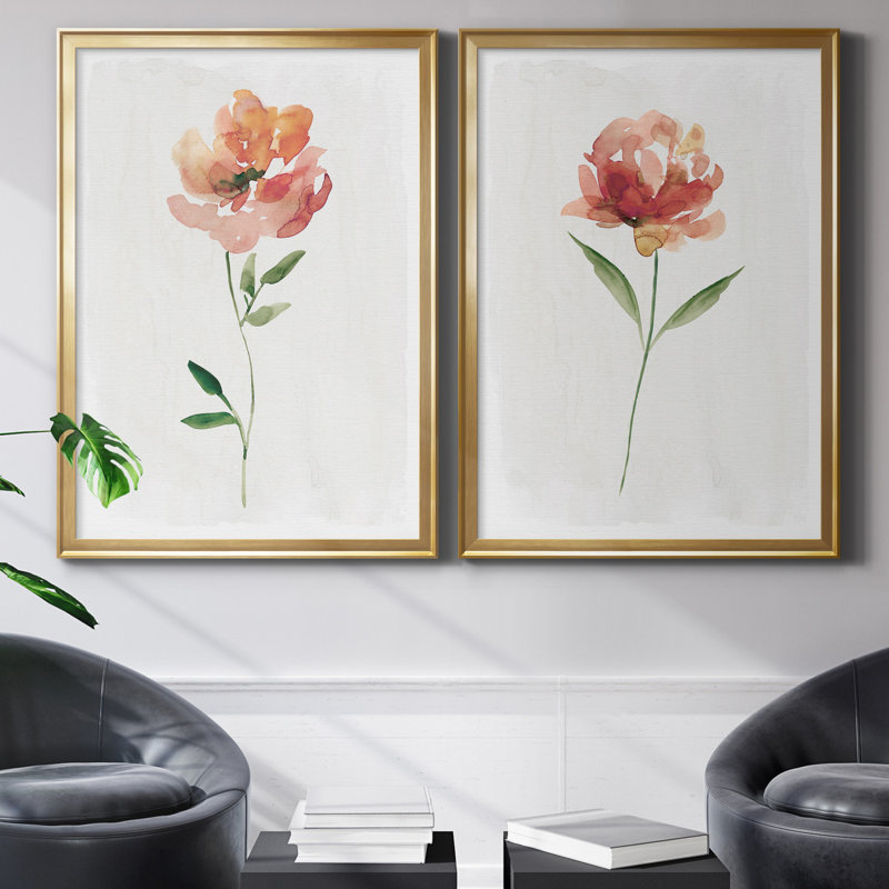 Happy Bloom I - ensemble de 2 reproductions d'art, Pas de tapis, Toile encadrée dorée, H 26,5 po x l 73 po x P 1,5 po