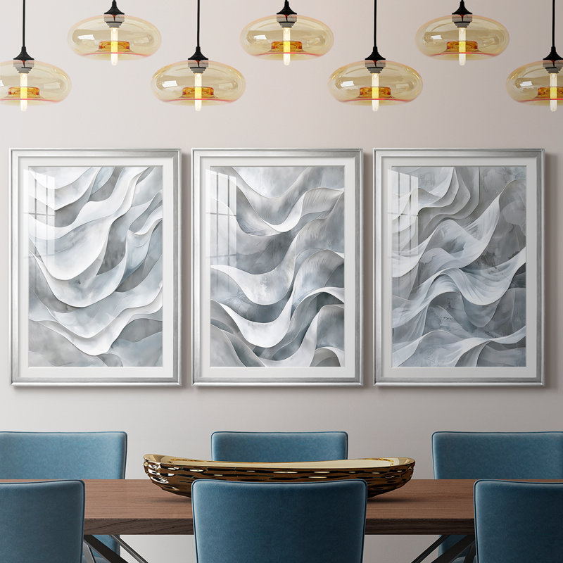 ABSTRACT Series CDLV - Impression sur mesure encadrée de qualité supérieure - 3 pièces, Argent argent, H 30 po x l 63 po