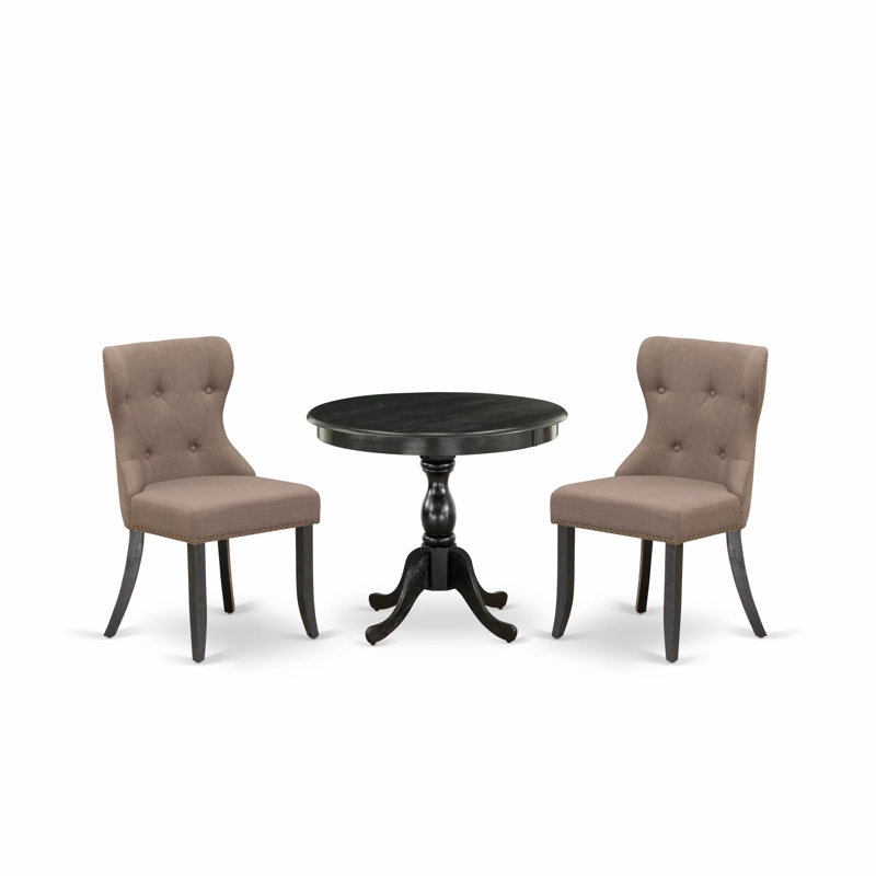 3 Piece Dining Table Set Contains 1 Dining Room Table and 2 Coffee Linen Fabric Dining Chairs Button Tufted Back with Nail Heads - Wire Brushed Black Finish