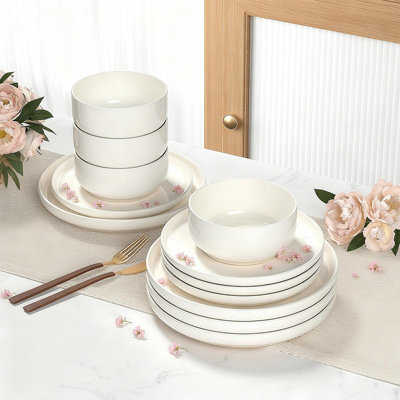 12 Piece Off White Ceramic Dinnerware Set For 4 Scratch Resistant Microwave Dishwasher Safe