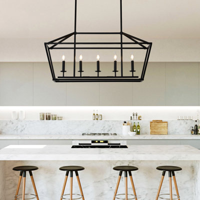 Metal Matte Black 5- Living Room Pendant , Industrial For Dining Room, Bedroom, Hallway, Kitchen Island Conference Hanging Linear Modern